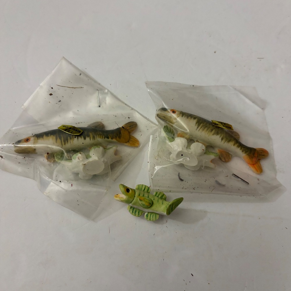 Vintage Miniature Ceramic Fish Figurine Lot Taiwan Muskie Pike Bass 3pc New